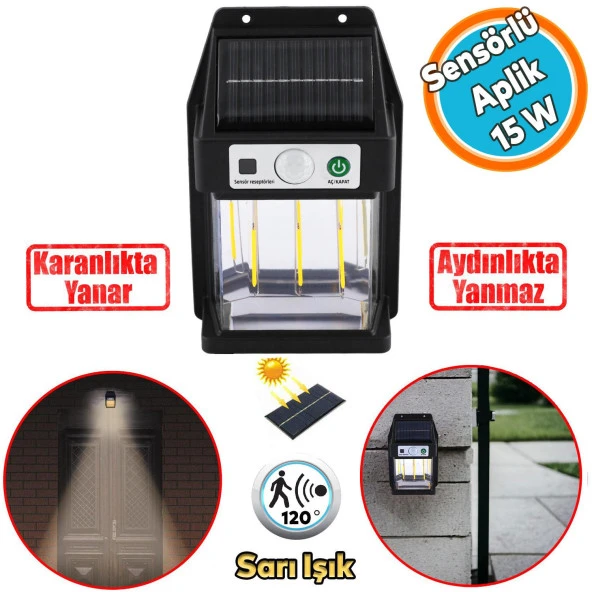 Sensörlü Güneş Enerjili Dış Aydınlatma Yeni Nesil Ampül Sensörlü Sarı Işıklı Aplik 15 W Portatif Fener Lamba ürün görseli 1