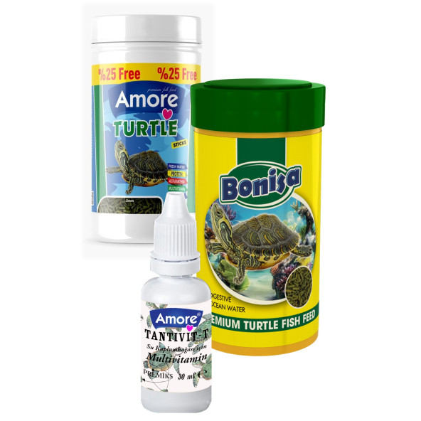 Amore Turtle Green Sticks 125 + 250 ml Bonisa Su Kaplumbağası Yemi ve Vitamini 3lü Set ürün görseli 1