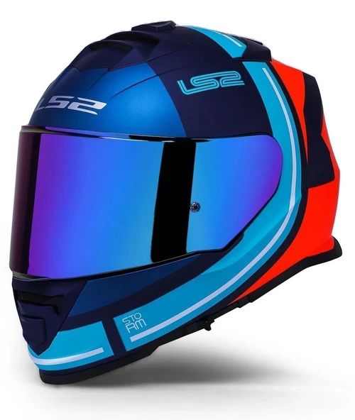LS2 Storm 2 Slant Mat Mavi Turuncu Kapalı Motosiklet Kaskı Gökkuşağı camlı ürün görseli 1
