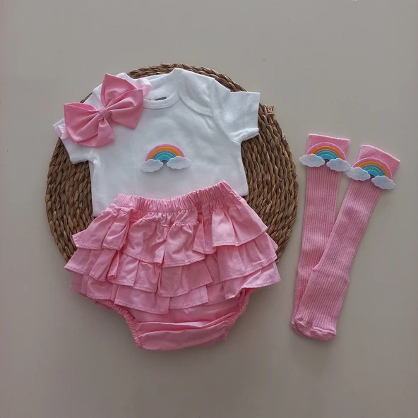 MARS BABY Kız Bebek Pembe Gökkuşaklı Fırfır Şort Etek Bodyli Çorap Takımı ürün görseli 1