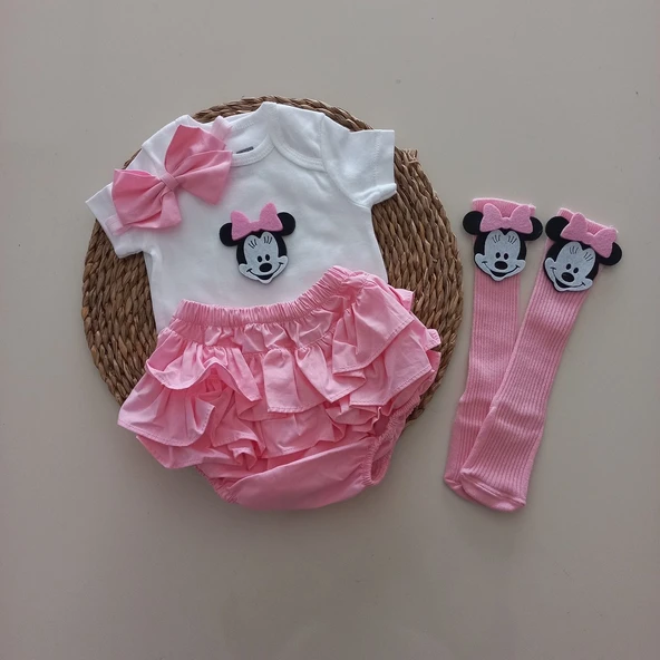 MARS BABY Kız Bebek Pembe Minnie'li Fırfır Şort Etek Bodyli Çorap Takımı ürün görseli 1