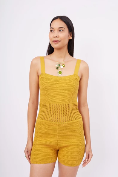 Peraluna IRIS JUMPSUIT Ajurlu Kadın Triko Tulum - Hardal - Resim 2