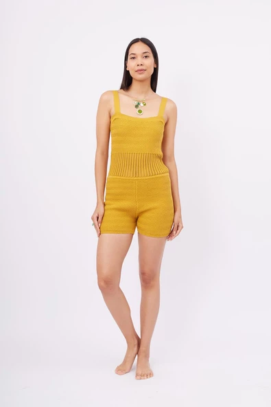 Peraluna IRIS JUMPSUIT Ajurlu Kadın Triko Tulum - Hardal ürün görseli 1