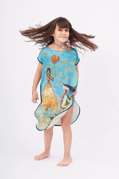 Peraluna JOY GIRL DRESS Baskılı Saten Kız Çocuk Elbise - Turkuaz ürün görseli 1