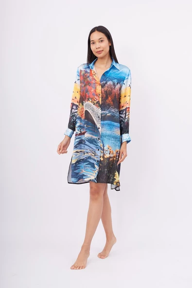 Peraluna SWEET MEMORIES LONG SHIRT DRESS Baskılı Kadın Gömlek Elbise - Çok Renkli ürün görseli 1