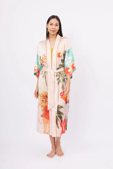 Peraluna SUMMER TIME LONG KIMONO Baskılı Saten Kadın Uzun Kimono - Çok Renkli ürün görseli 1