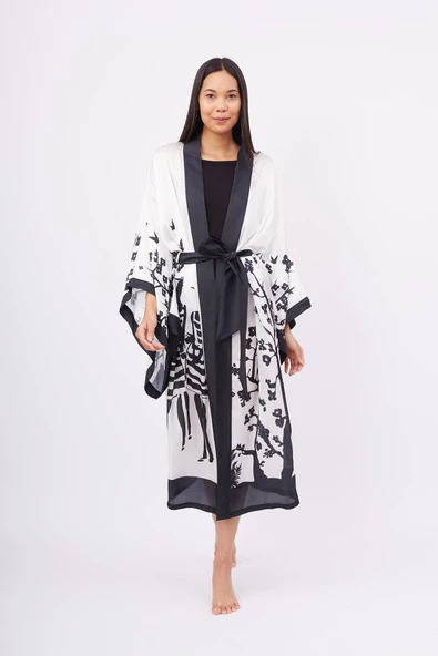 Peraluna BEACH GIRLS LONG KIMONO Baskılı Saten Kadın Uzun Kimono - Siyah/Beyaz ürün görseli 1
