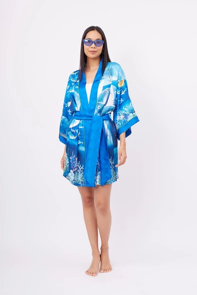 Peraluna OCEAN STORY SHORT KIMONO Baskılı Saten Kadın Kısa Kimono - Deniz Mavisi ürün görseli 1