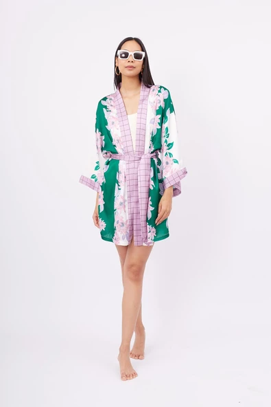 Peraluna LILAC CHARM SHORT KIMONO Baskılı Saten Kadın Kısa Kimono - Yeşil/Pembe ürün görseli 1