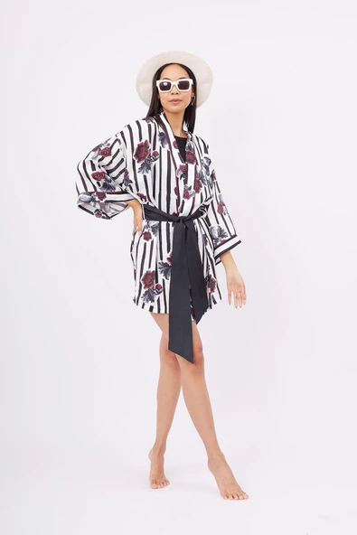 Peraluna STRIPE GARDEN SHORT KIMONO Baskılı Saten Kadın Kısa Kimono - Çok Renkli ürün görseli 1