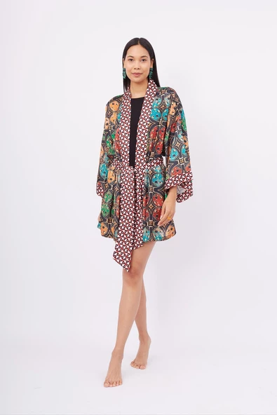Peraluna LADYBUG SHORT KIMONO Baskılı Saten Kadın Kısa Kimono - Çok Renkli ürün görseli 1