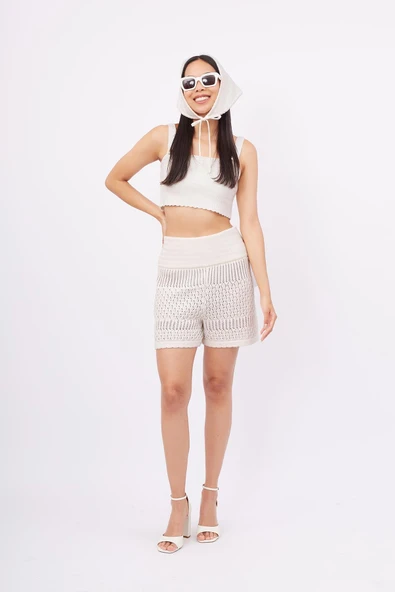 Peraluna IRIS SHORTS Ajurlu Kadın Şort - Ekru - Resim 2