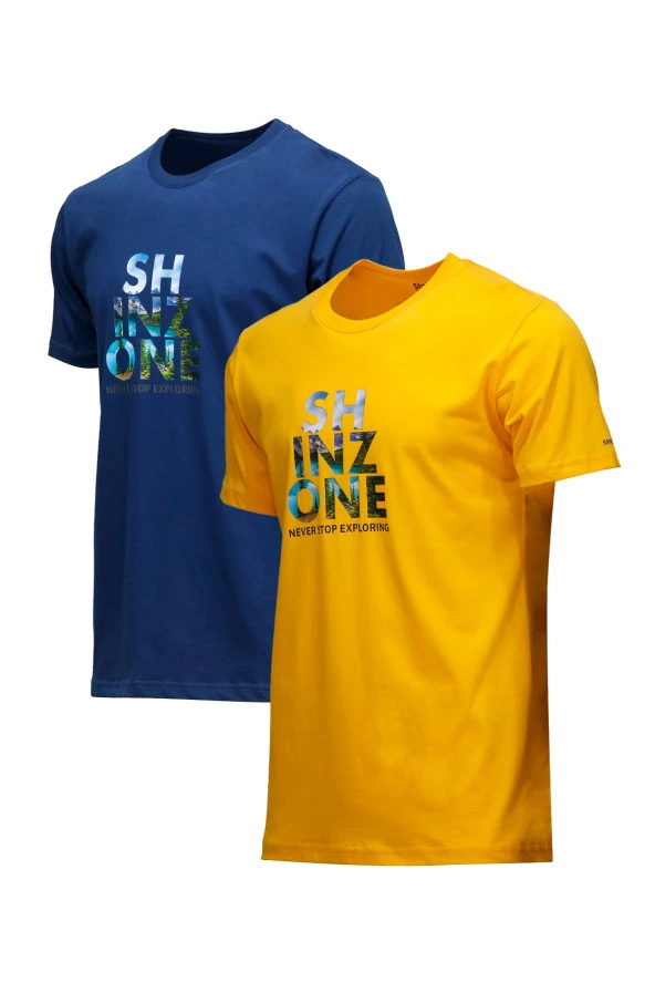 Erkek Standart Fit Göğüs Baskılı Sarı İndigo 2'li Set T-Shirt ürün görseli 1