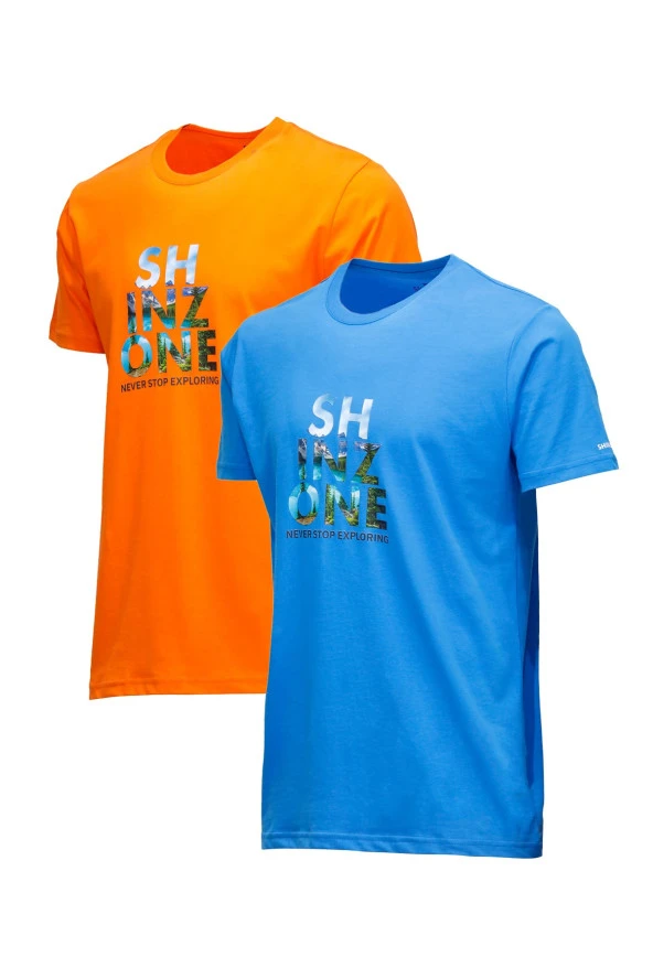 Erkek Standart Fit Göğüs Baskılı Mavi Turuncu 2'li Set T-Shirt ürün görseli 1