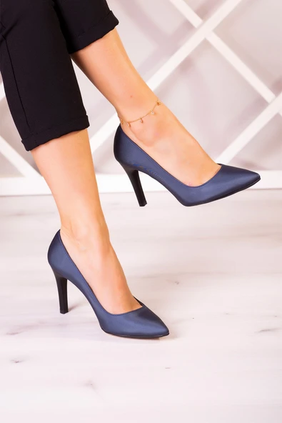 Erkan Saçmacı Gowa Plus Lacivert Saten Sivri Burun İnce Topuklu Abiye Stiletto Ayakkabı ürün görseli 1