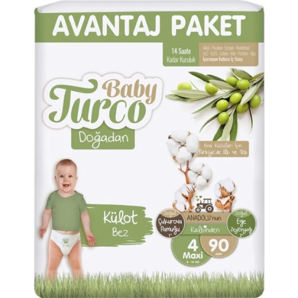 Baby Turco Külot Bebek Bezi Doğadan Beden:4 (8-14KG) Maxi 90 Adet Avantaj Paketi ürün görseli 1