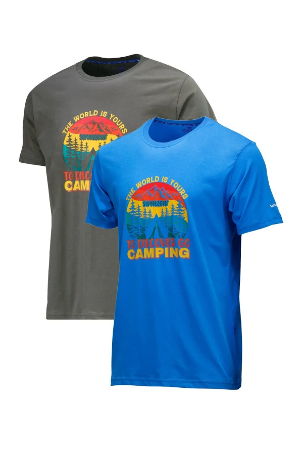 Erkek Standart Fit Discovery Göğüs Baskılı Mavi Haki 2'li Set T-Shirt ürün görseli 1