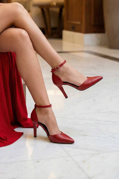 Erkan Saçmacı Sindy Kırmızı Vegan Bantlı İnce Topuklu Stiletto Ayakkabı ürün görseli 1