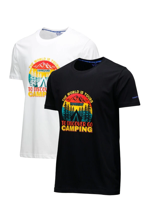 Erkek Standart Fit Discovery Göğüs Baskılı Siyah Beyaz 2'li Set T-Shirt ürün görseli 1