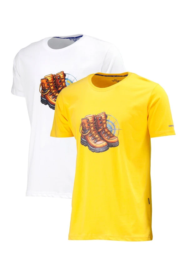Erkek Standart Fit Bot Göğüs Baskılı Sarı Beyaz 2'li Set T-Shirt ürün görseli 1