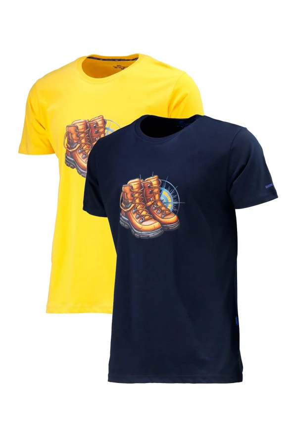 Erkek Standart Fit Bot Göğüs Baskılı Lacivert Sarı 2'li Set T-Shirt ürün görseli 1