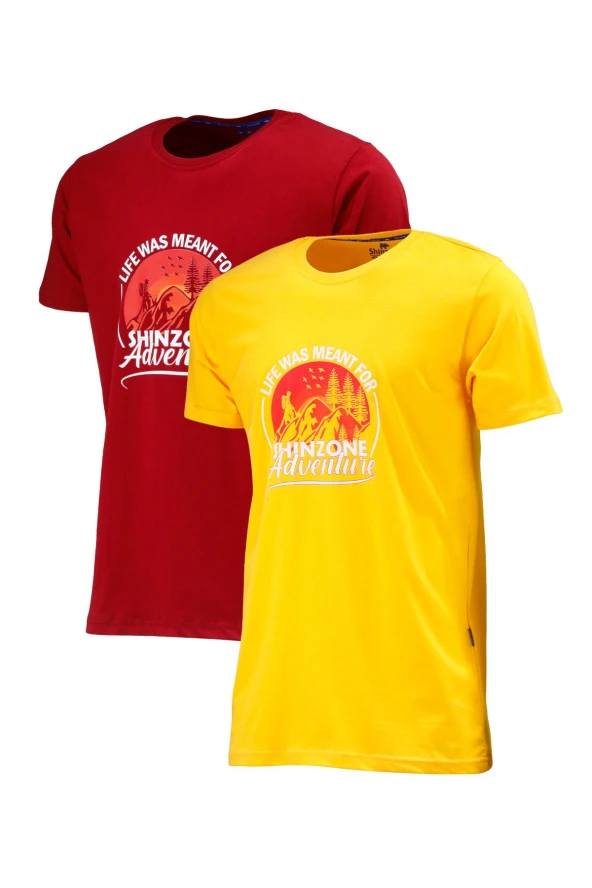 Erkek Standart Göğüs Baskılı Sarı Bordo 2'li Set T-Shirt ürün görseli 1