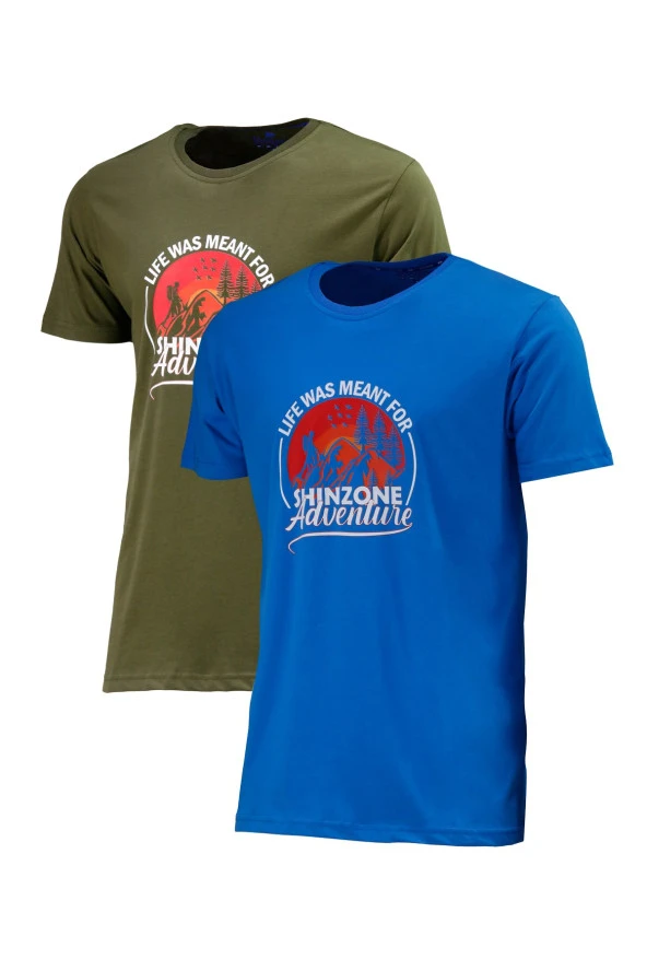 Erkek Standart Göğüs Baskılı Mavi Haki 2'li Set T-Shirt ürün görseli 1