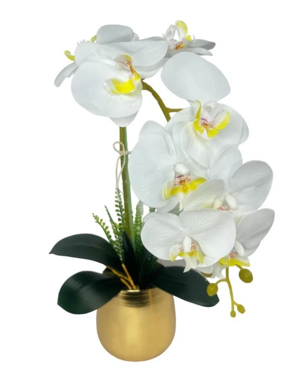 Nettenevime Yapay Çiçek Beyaz Islak Orkide Gold Metal Saksıda Seramik Saksıda Orkide 60cm ürün görseli 1