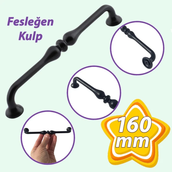 Fesleğen Kulp 160 mm Siyah Mutfak Kulpu Çekmece Dolap Kapak Kulbu Metal  Mobilya Dolabı Kulpları ürün görseli 1