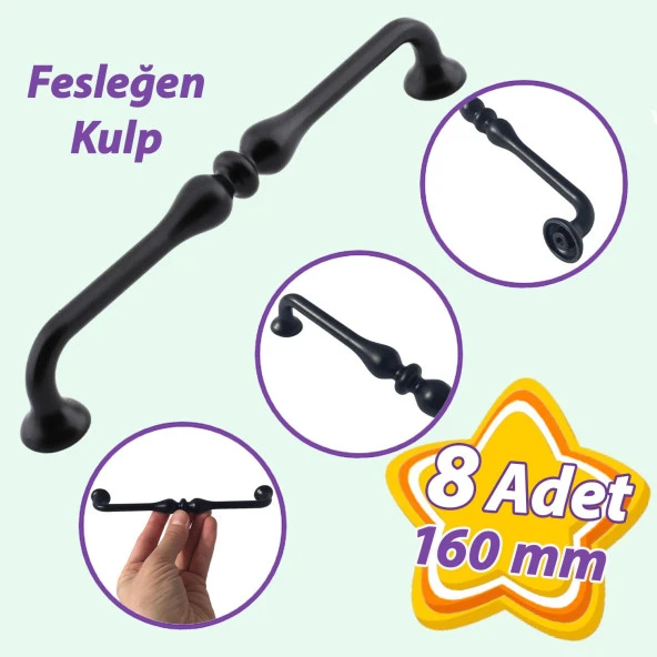 8 Adet Fesleğen Kulp 160 mm Siyah Mutfak Kulpu Çekmece Dolap Kapak Kulbu Metal  Mobilya Dolabı Kulpları ürün görseli 1
