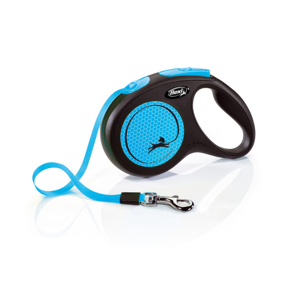 Flexi new neon M boy şerit tasma medium 5 metre otomatik şeritli köpek uzatma max 25kg mavi şerit ürün görseli 1