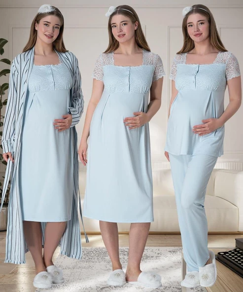 Mecit 6063 Bayan Hamile Lohusa Mavi Sabahlık Gecelik Pijama Set ürün görseli 1