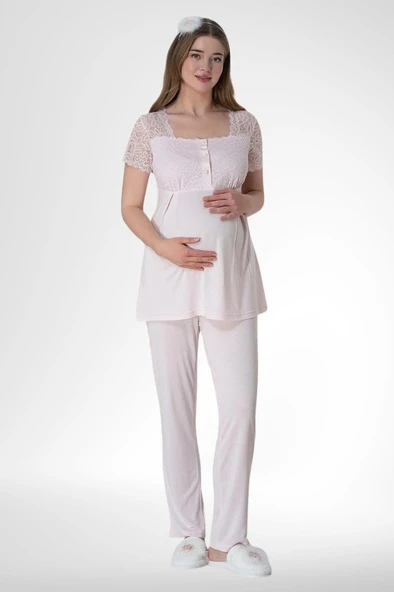 Mecit 6010 Bayan Pembe Dantelli Hamile Lohusa Pijama Takımı ürün görseli 1