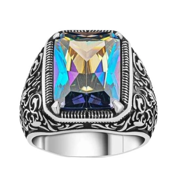 Kalem İşlemeli MİstikTopaz taşlı Gümüş Yüzük 240052033G18Y ürün görseli 1