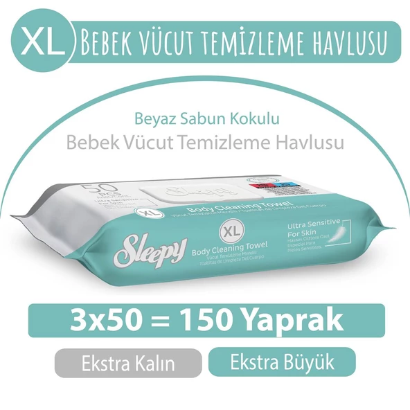 XL Beyaz Sabun Kokulu Bebek Vücut Temizleme Havlusu 3x50 (150 Yaprak) ürün görseli 1