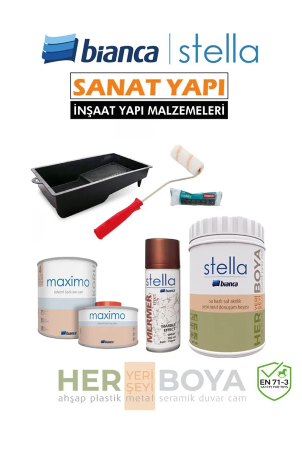 Stella Set 1 Lt - Beyaz Boya + Bakır Mermer Effekt Sprey + Maximo Sıvı Cam Parlak ürün görseli 1