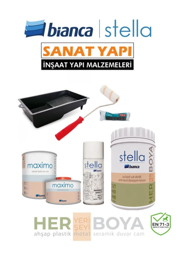 Stella Set 1 Lt - Siyah Boya + Beyaz Mermer Effekt Sprey + Maximo Sıvı Cam Parlak ürün görseli 1