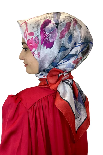 Quare Kristal Eşarp, Çiçek Desenli 01069  KIRMIZI ürün görseli 1