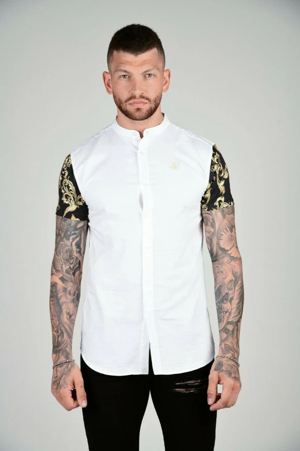 SikSilk S/S Grandad Collar Oxford Shirt - White & Gold ürün görseli 1