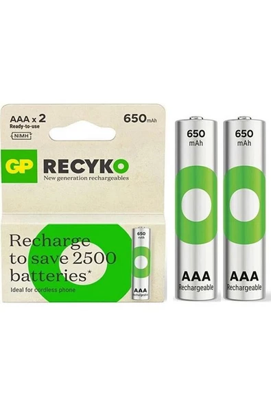 GP Recyko 650 Mah R03 Aaa Şarjlı 2li Ince Kalem Pil GP65AAAHCER21-2TLB2 (GPRHCH63E041 ürün görseli 1