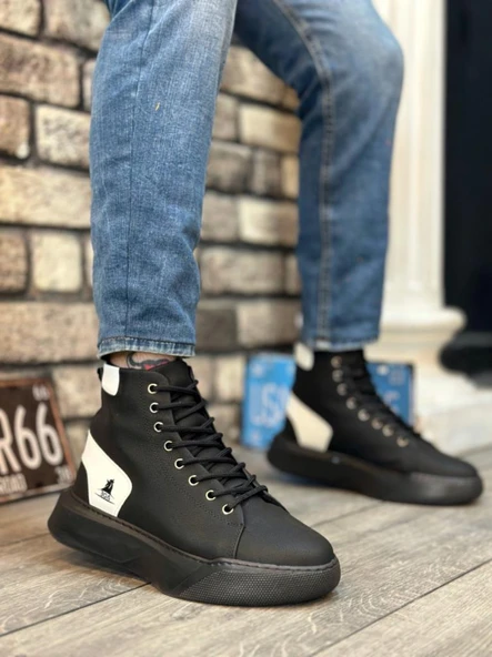 BA0155 Bağcıklı Erkek Yüksek Taban Siyah Beyaz Spor Bot ürün görseli 1