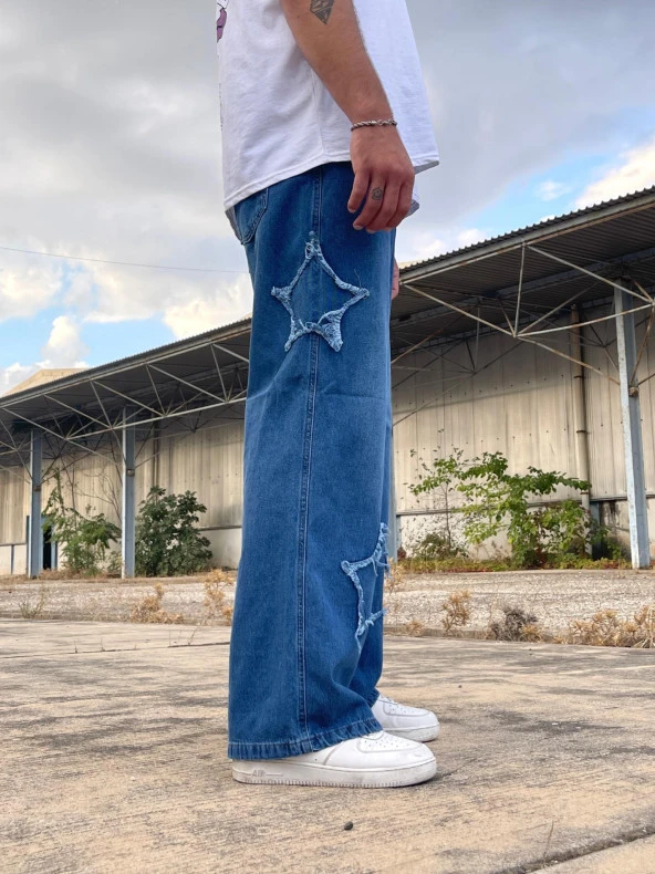 Premium Baggy Starry Patch Kot Pantolon - Resim 3