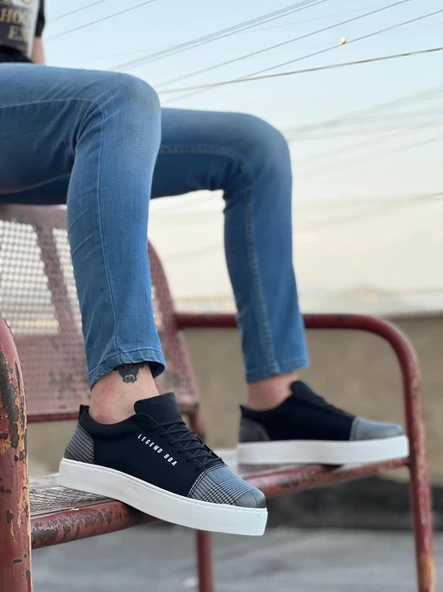 BA0104 Bağcıklı Siyah Ekose Süet Beyaz Taban Spor Klasik Erkek Ayakkabı ürün görseli 1