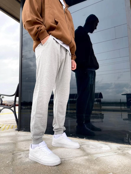 Unisex Şardonlu Eşofman Altı - Gri - Resim 2