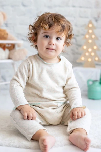 Mavi Ekru Yakadan ve Ağdan Çıtçıtlı % 100 Pamuk Tulum (3-24 Ay) ürün görseli 1