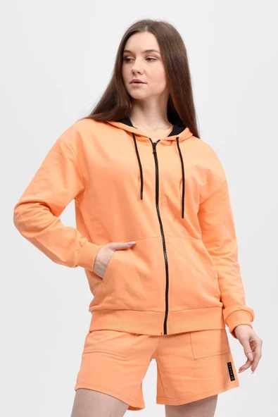 Kadın Kapüşonlu Fermuarlı Sweatshırt Oranj ürün görseli 1