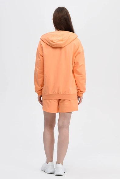 Kadın Kapüşonlu Fermuarlı Sweatshırt Oranj - Resim 3