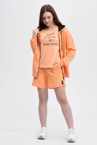 Kadın Kapüşonlu Fermuarlı Sweatshırt Oranj - Resim 2