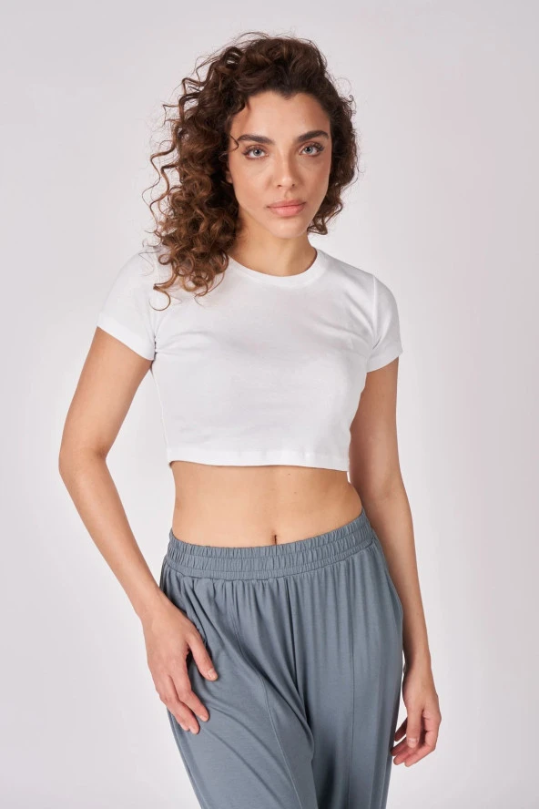 Kadın %100 Pamuklu Kısa Kollu Crop - Resim 7
