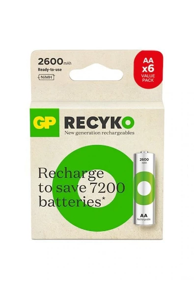 GP ReCyko 2600mAh AA Kalem Ni-Mh Şarjlı Pil, 1.2 Volt, 6’lı Kart ürün görseli 1
